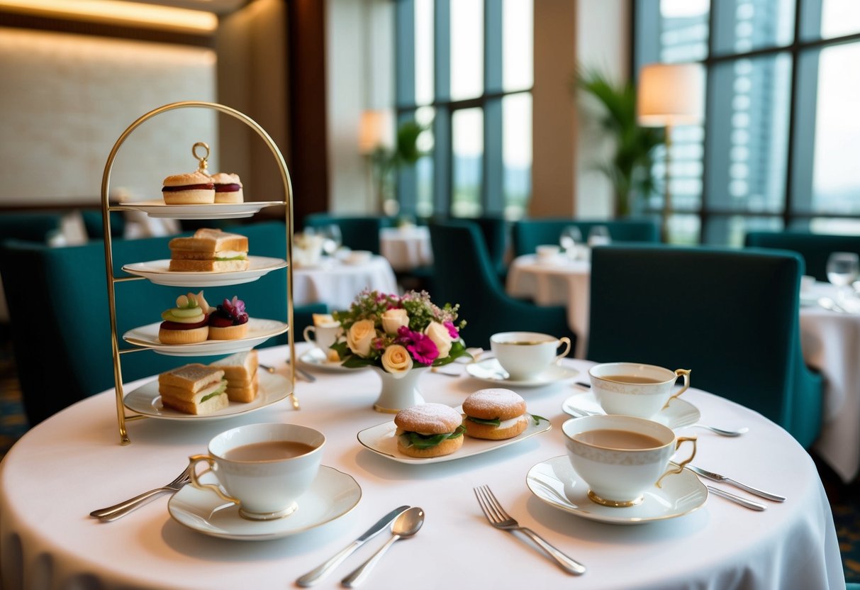 A table set with elegant teacups, pastries, and sandwiches at The Fullerton Hotel for the Half Price High Tea promotion