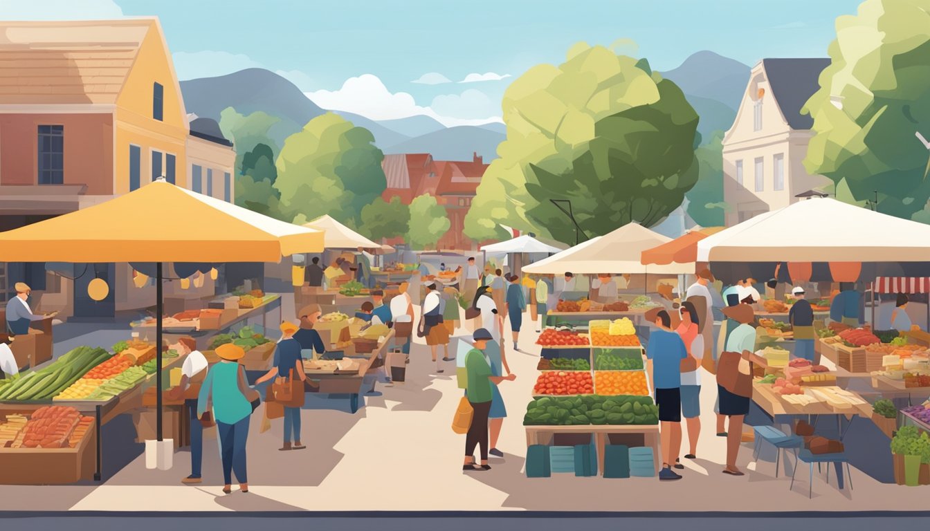 A bustling farmers' market with colorful produce stalls, a variety of locally-sourced meats and cheeses, and a lively outdoor dining area with wooden tables and umbrellas