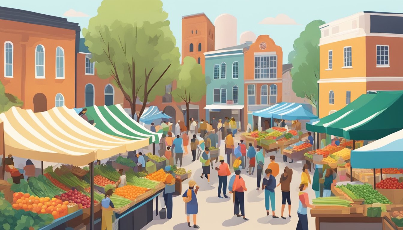 A bustling farmers' market with colorful produce stalls and a crowd of people chatting with local farmers and vendors