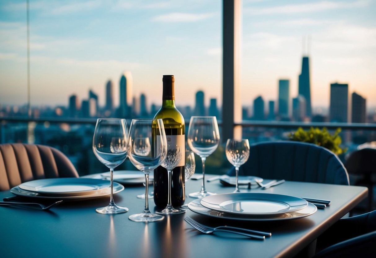 A table set with wine glasses and a bottle, surrounded by elegant dinnerware and a view of the city skyline