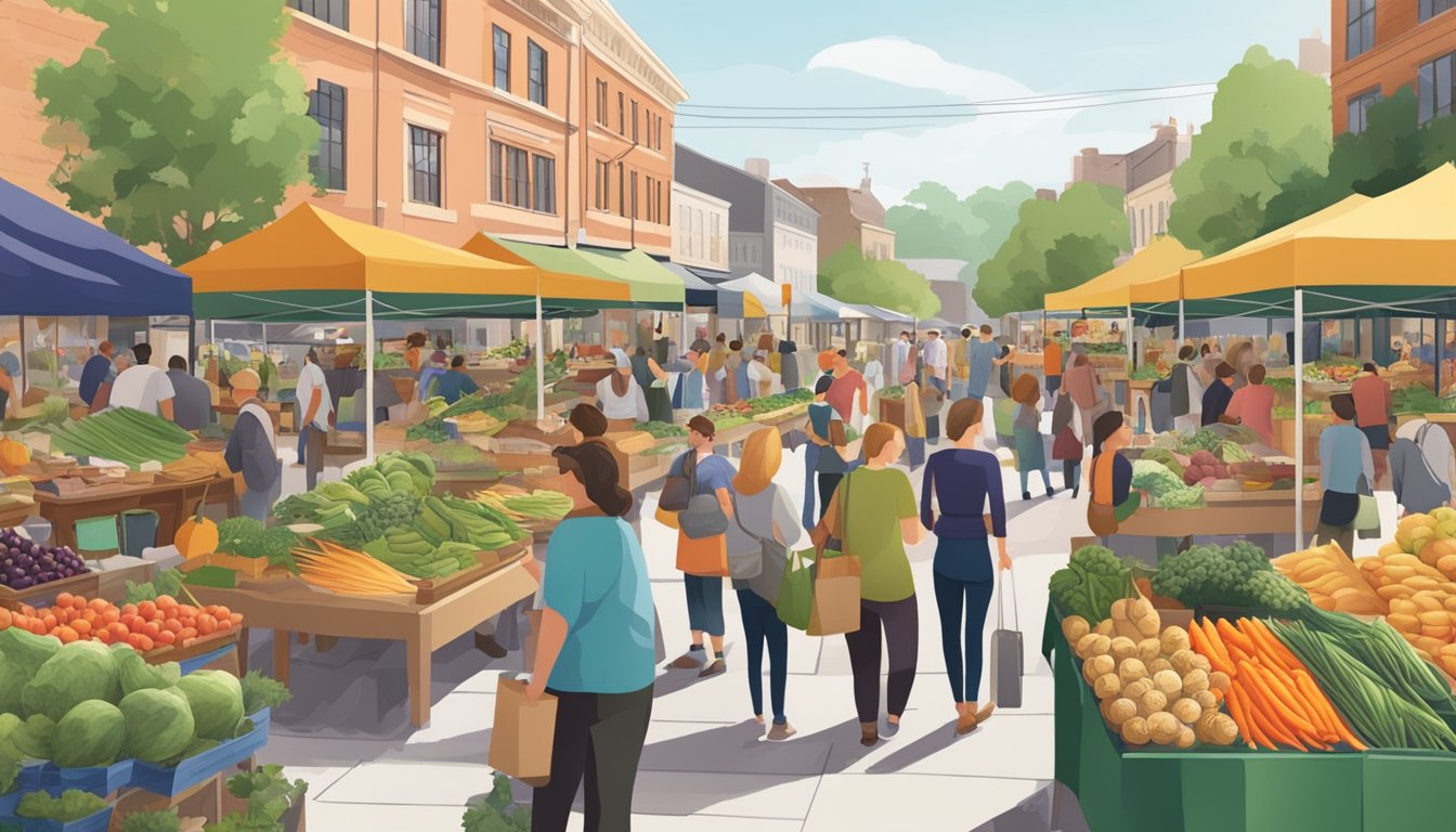 A bustling farmers' market with a variety of locally-sourced produce and goods, surrounded by eager shoppers and vendors