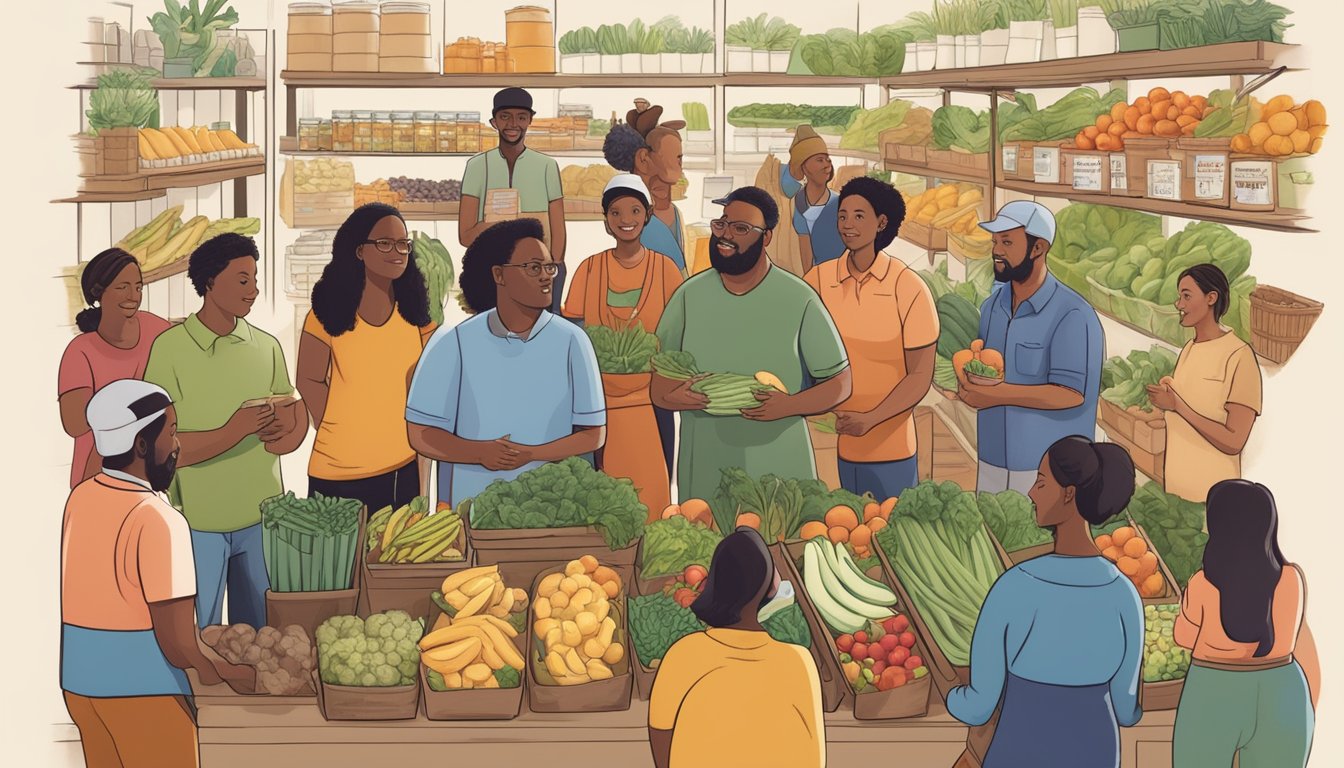 A diverse group of people gathers at the local food co-op, exchanging produce and goods, engaging in discussions, and participating in various workshops and events