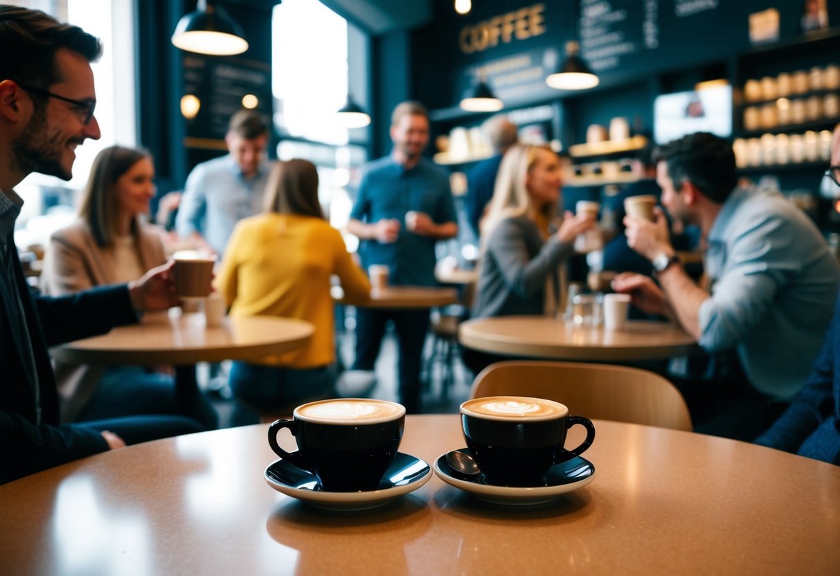 A bustling coffee shop with two cups of coffee on a table, surrounded by people enjoying the 2-for-1 promotion