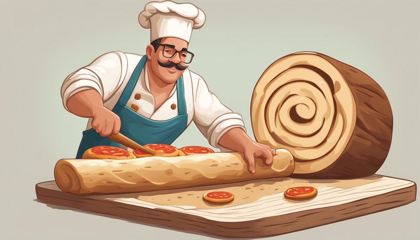 A baker kneading dough, adding pepperoni, and rolling into a log shape