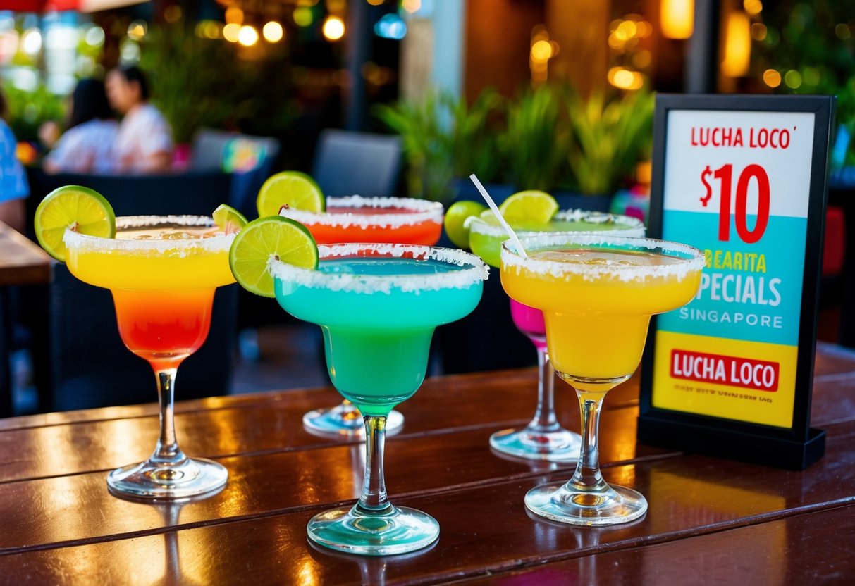 A festive outdoor patio with colorful margarita cocktails and a sign advertising $10 specials at Lucha Loco in Singapore