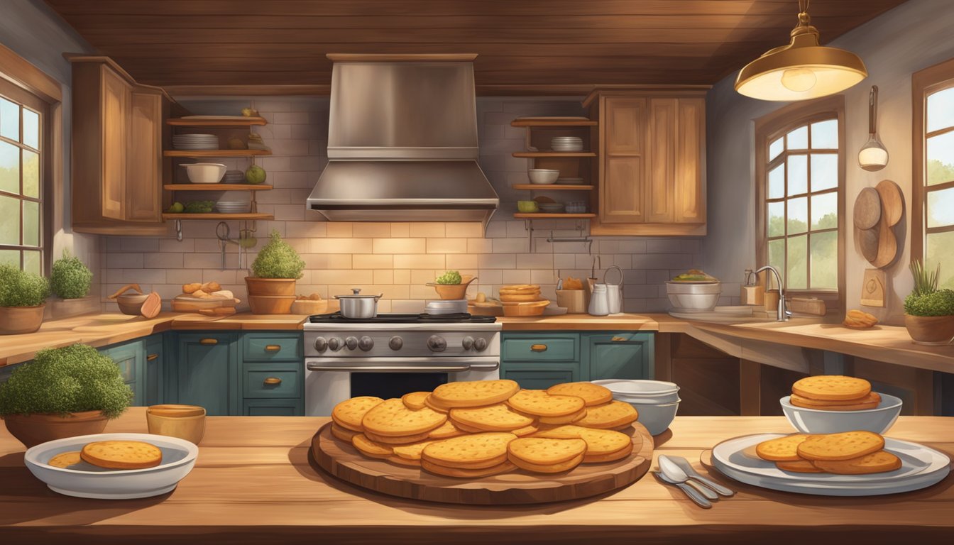 A rustic kitchen with a wooden table adorned with freshly baked golden biscuits and slices of savory Virginia ham. A warm, inviting atmosphere with a hint of Southern charm