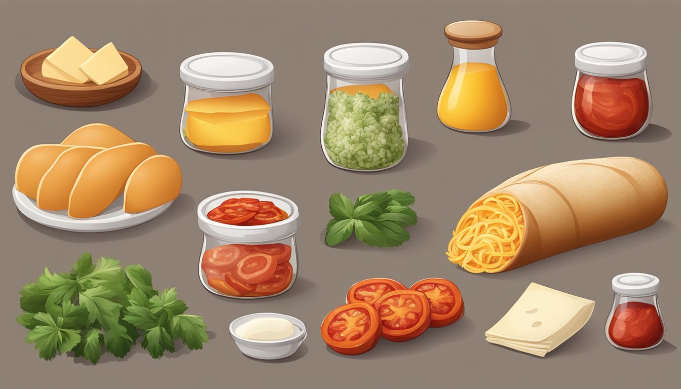 A table displaying various ingredients for pepperoni rolls, including different types of pepperoni and variations such as cheese or vegetables