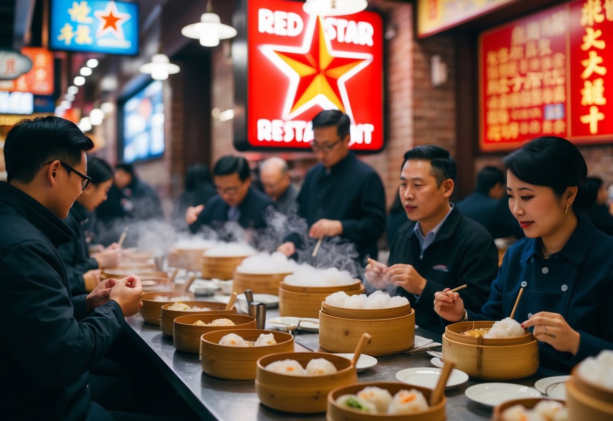 A bustling restaurant scene with steaming bamboo baskets of dim sum, customers enjoying the all-you-can-eat promotion, and the iconic Red Star Restaurant signage