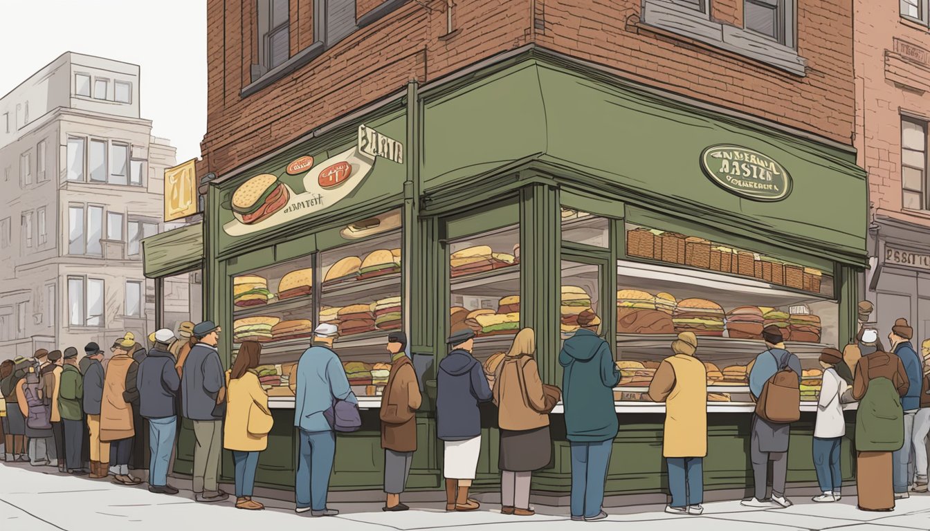 A bustling New York deli with stacks of freshly sliced pastrami, rye bread, and pickles, as customers eagerly line up for the famous pastrami sandwich