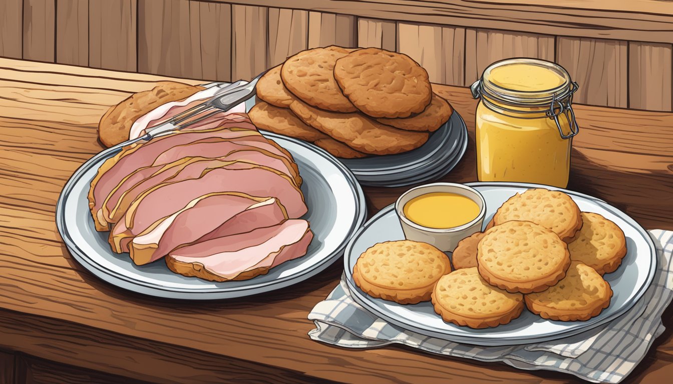 A rustic kitchen table set with a plate of sliced Virginia ham, a basket of freshly baked biscuits, and a jar of tangy mustard