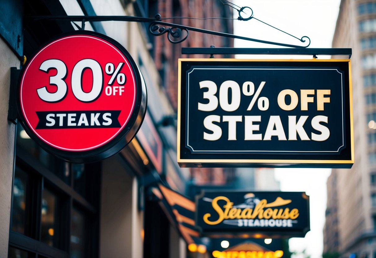 A bustling steakhouse with a bold sign advertising "30% off Steaks" in a vibrant city setting