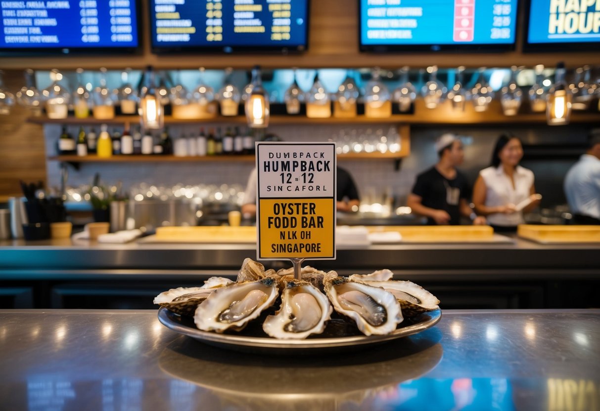 A bustling oyster bar at Humpback 12 12 in Singapore, with a display of fresh oysters and a sign advertising Happy Hour food promotions
