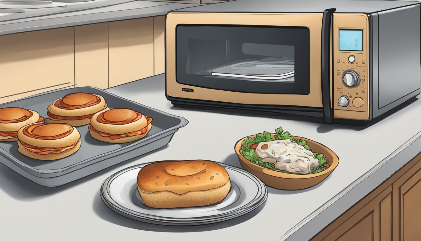 A kitchen counter with a pepperoni roll on a plate, next to a microwave and a container of leftovers