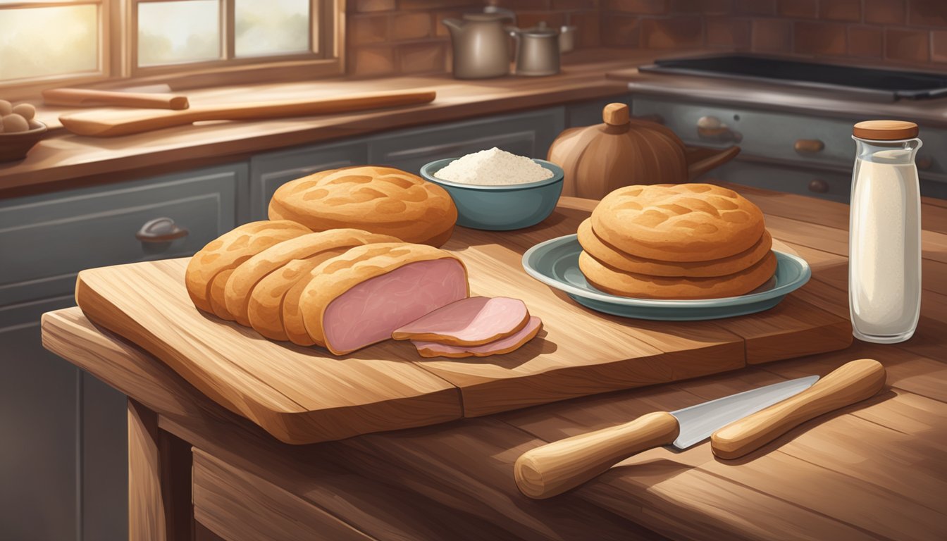 A rustic kitchen with a wooden cutting board, a rolling pin, and a bowl of flour, with a plate of freshly baked ham biscuits