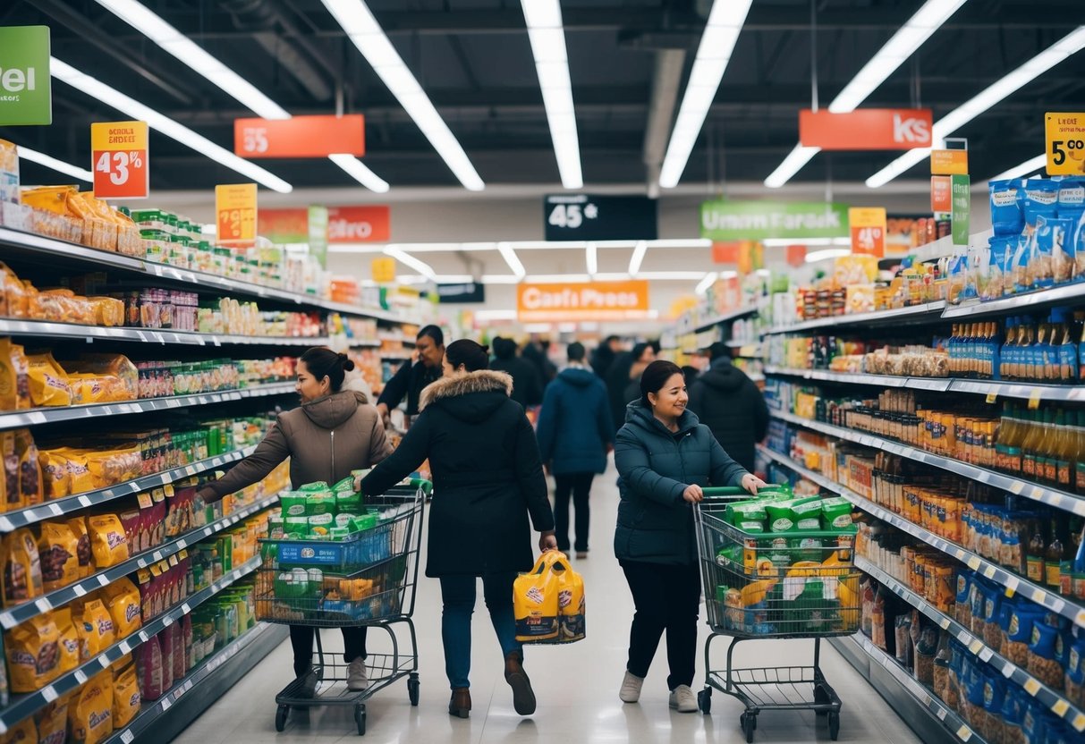 A crowded supermarket aisle with shelves stocked with various food items on sale, customers grabbing multiples of the same product