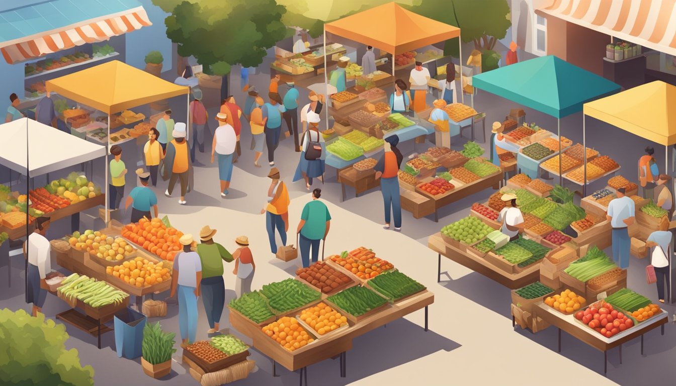 A bustling farmers' market with colorful stalls and a diverse array of fresh produce, baked goods, and local products