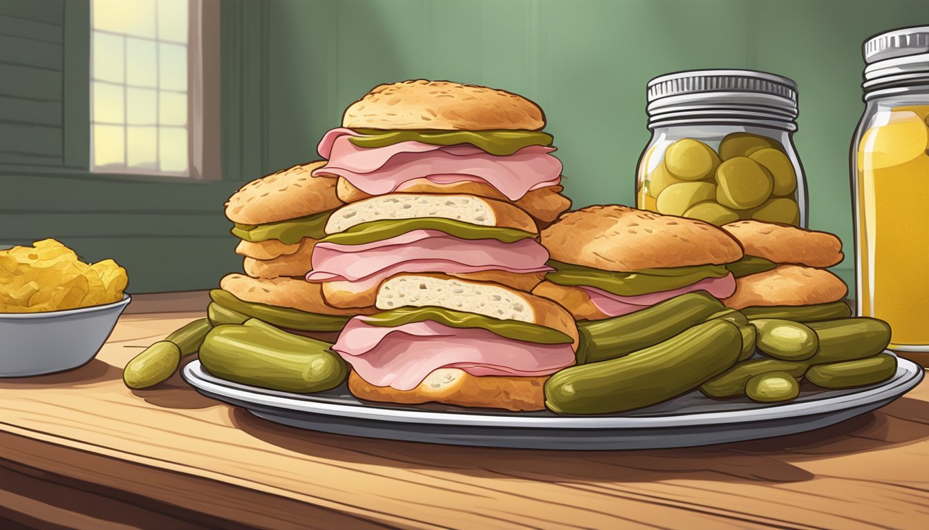 A platter of freshly baked ham biscuits arranged in an inviting display with a side of pickles and a dollop of mustard