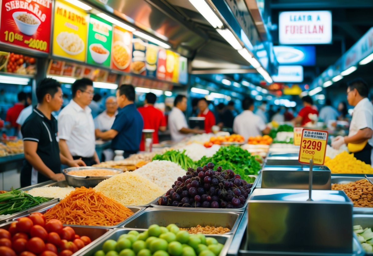 A bustling food market in Singapore, with vendors offering various promotions