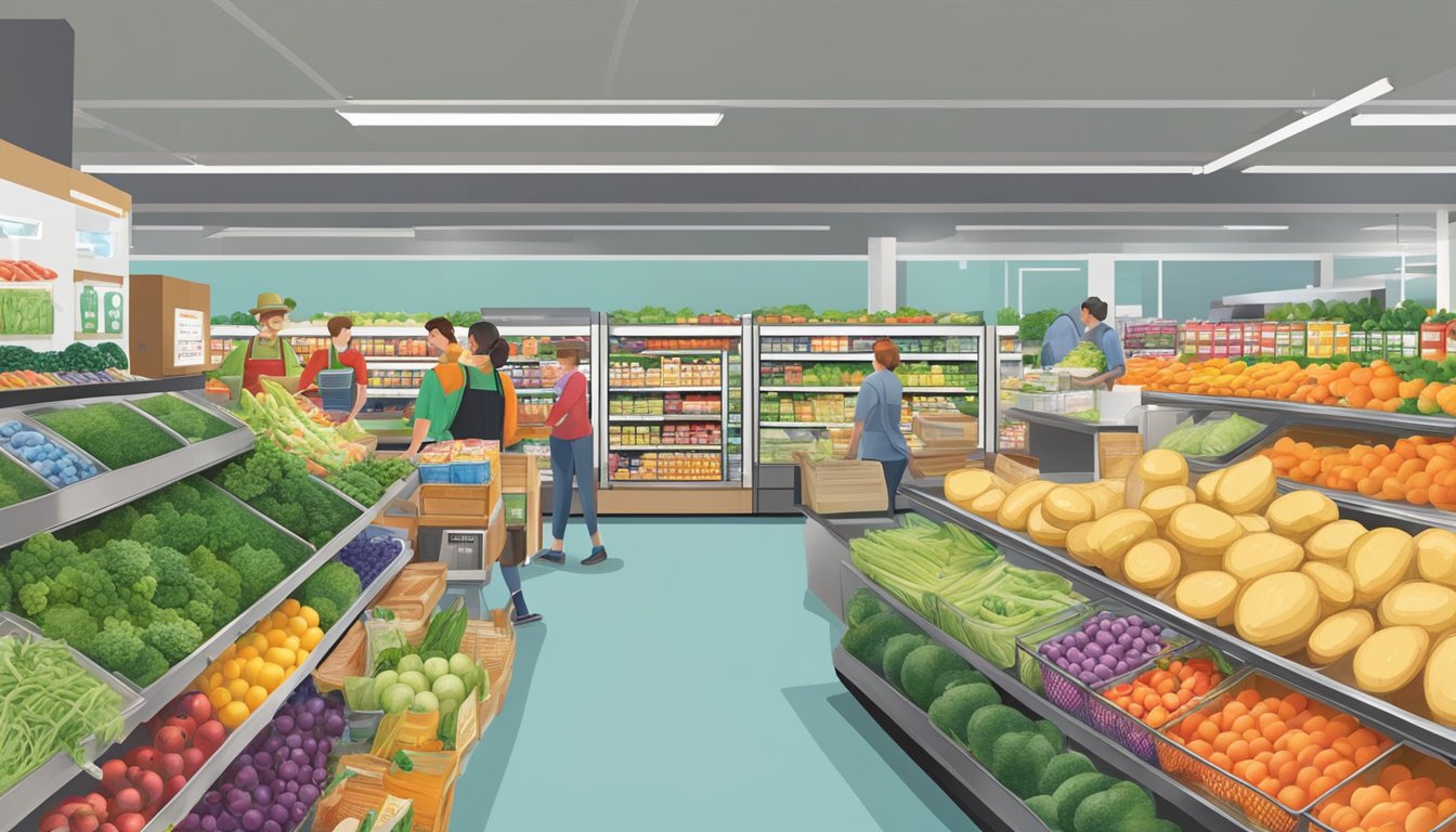 A bustling local food coop in Sterling Heights, MI, with fresh produce, shelves stocked with goods, and customers browsing the aisles