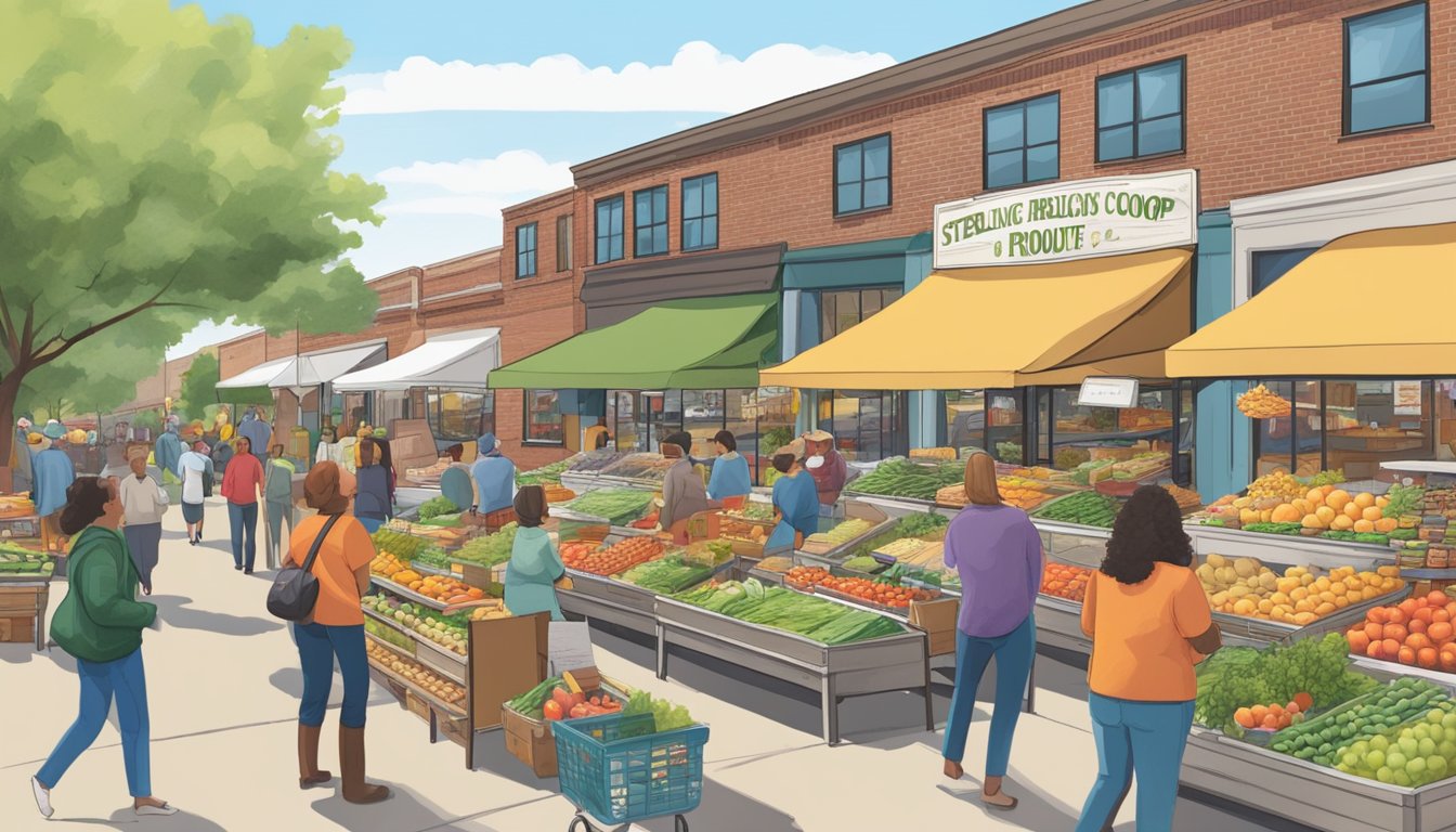 A bustling local food coop in Sterling Heights, MI, with shoppers browsing fresh produce and chatting with vendors