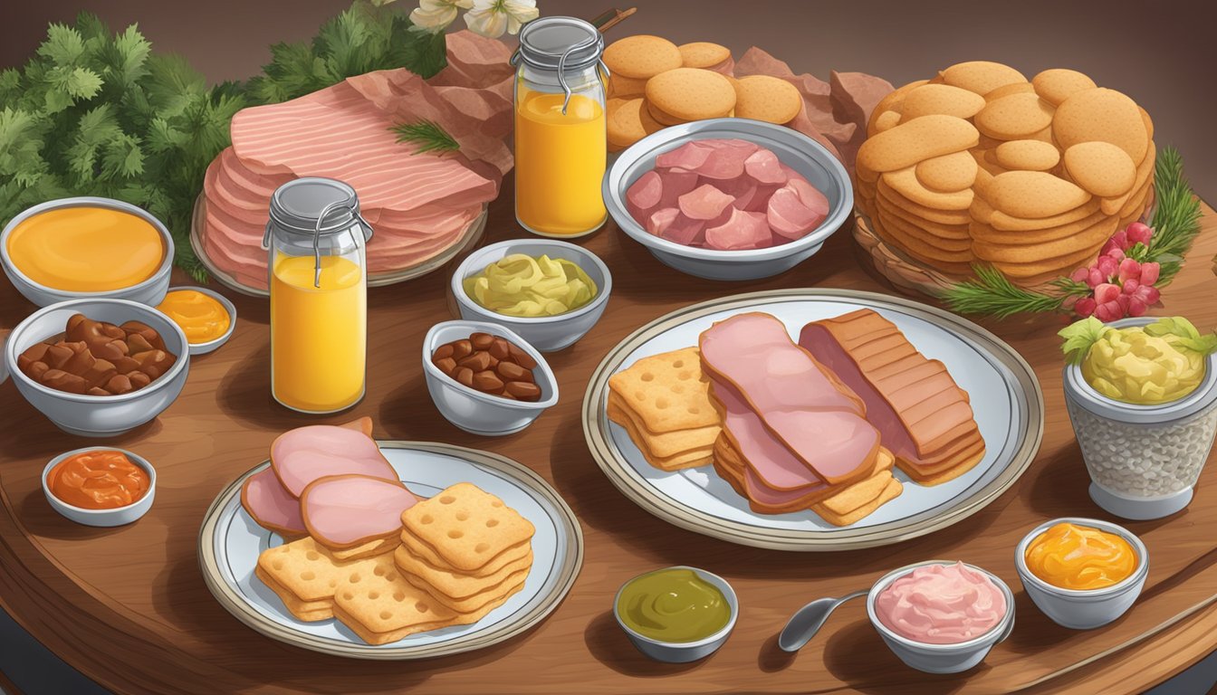 A platter of ham biscuits with various condiments and accompaniments arranged in an inviting display