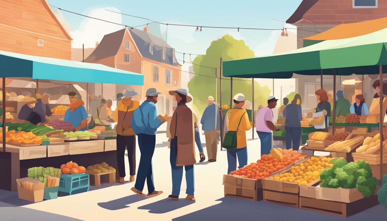 A bustling farmers' market with colorful stalls and a variety of fresh produce, baked goods, and artisanal products. Customers chat with vendors and sample local delicacies