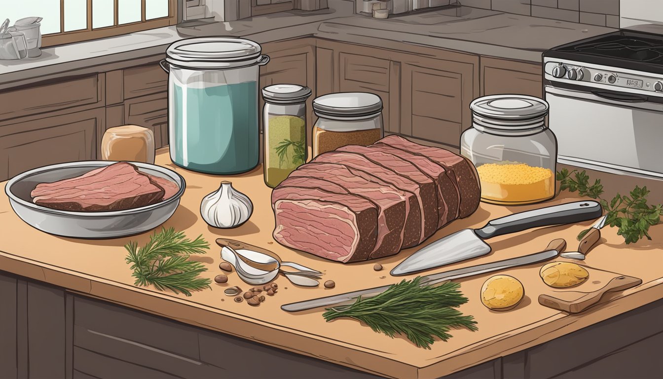 A kitchen counter with ingredients and utensils for making pastrami. A pot of brine, spices, and a slab of meat ready to be seasoned