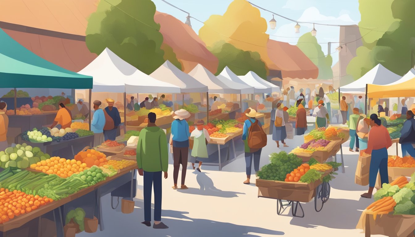 A bustling farmers market with colorful produce stalls and a diverse crowd browsing and purchasing fresh, locally-sourced food