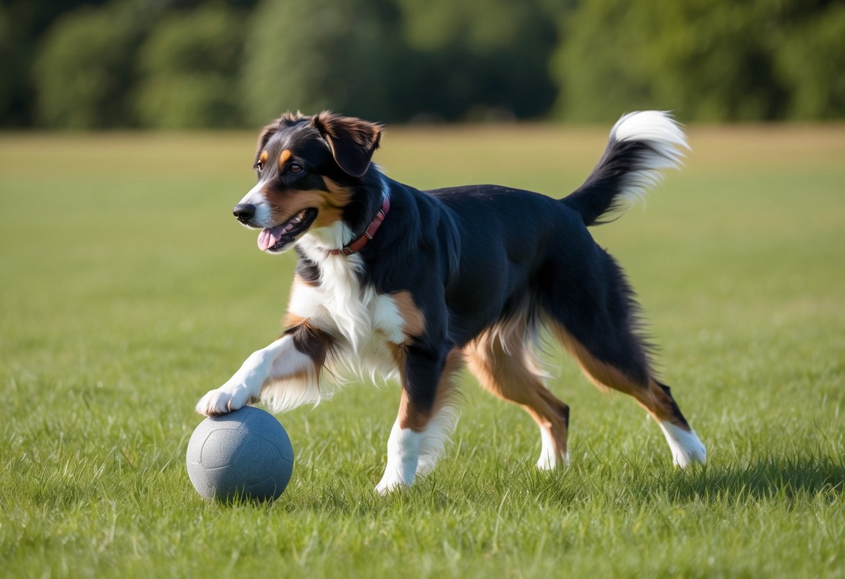 A Kromfohrlander dog playing in a grassy field with a ball