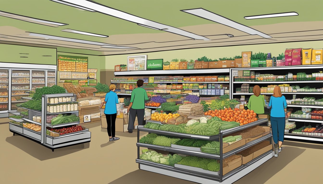 A bustling local food coop in Sterling Heights, MI, with shelves stocked full of fresh produce, bulk grains, and local dairy products. Customers browse the aisles, chatting with friendly staff