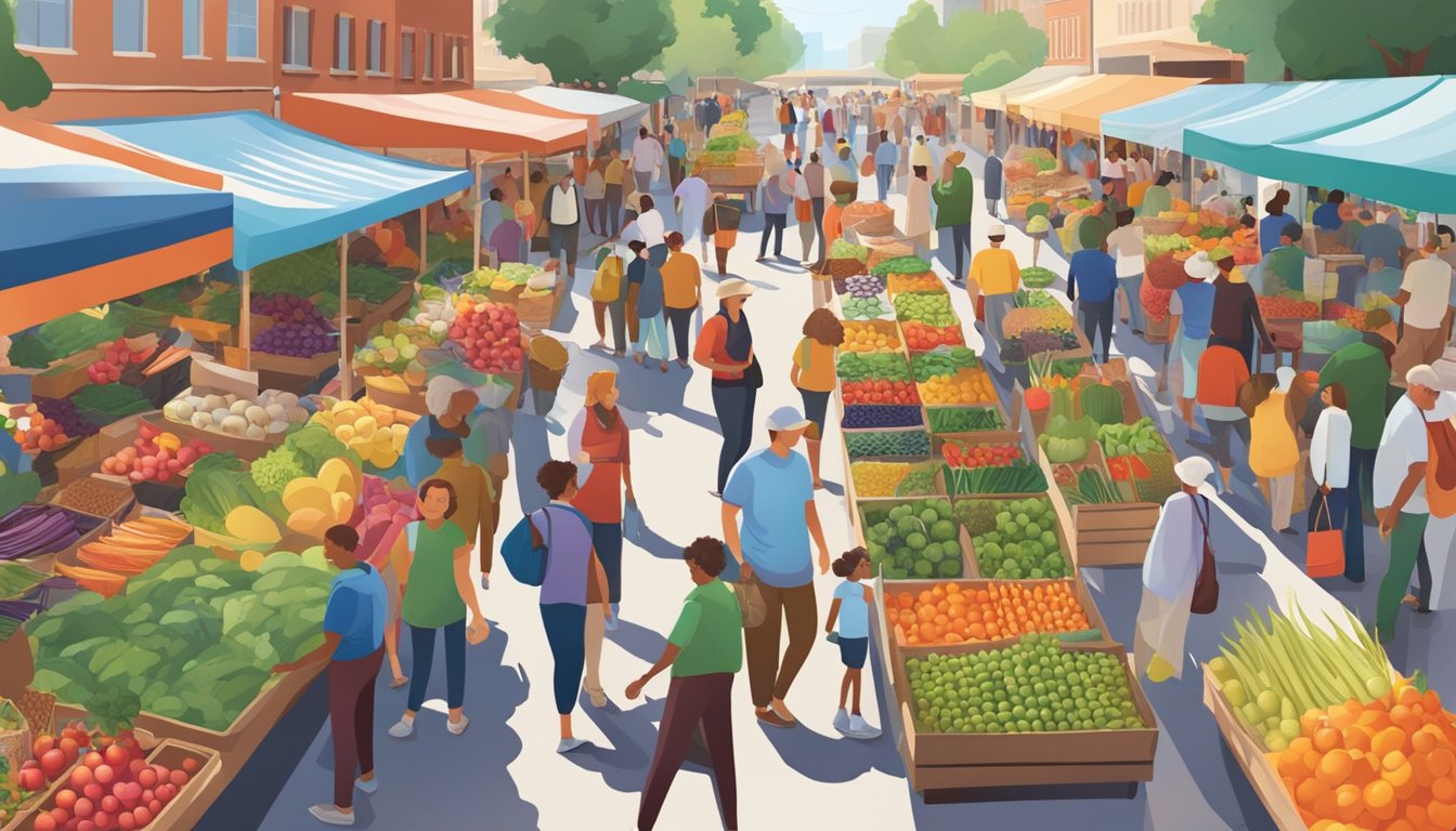 A bustling farmers market with colorful produce stalls and a diverse crowd browsing and shopping