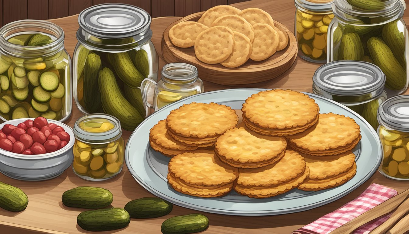 A table set with a platter of golden ham biscuits surrounded by jars of pickles and condiments