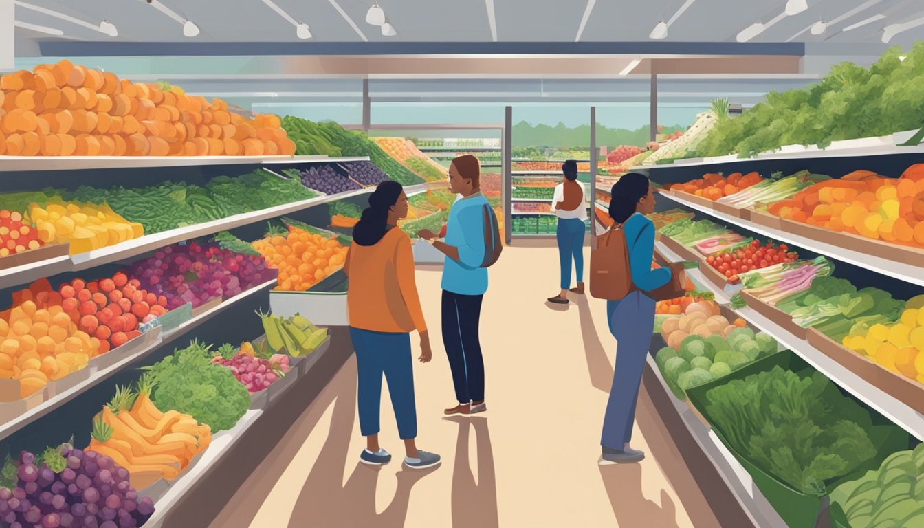 People browsing fresh produce at a bustling food co-op in Santa Clara, CA. Shelves are stocked with local goods and colorful fruits and vegetables