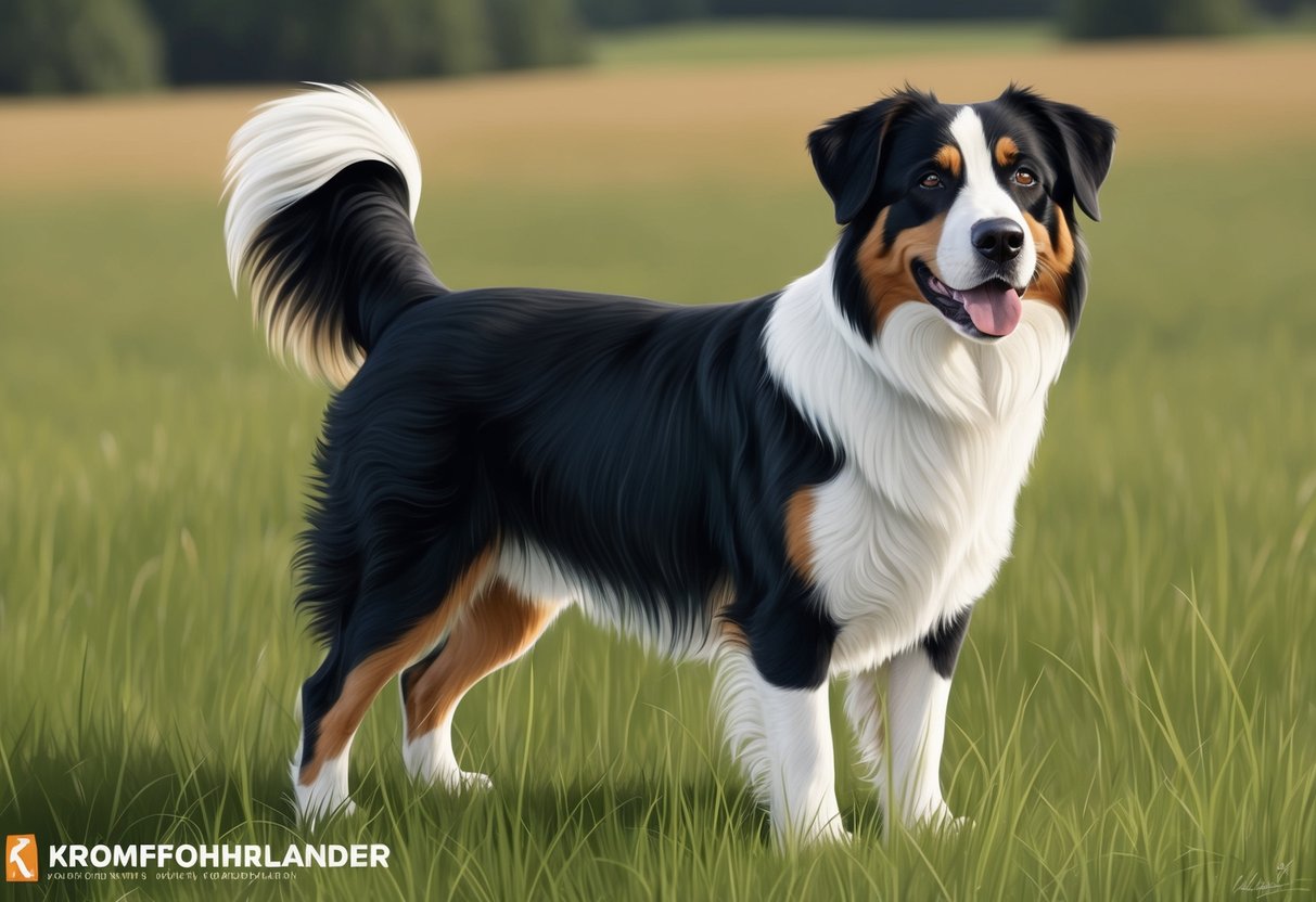 A Kromfohrlander dog standing alert in a grassy field, with a friendly expression and distinctive black and white coat