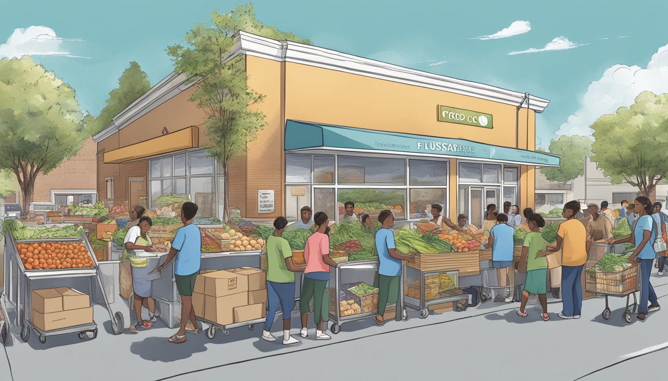 A bustling food coop with volunteers distributing groceries to community members in need