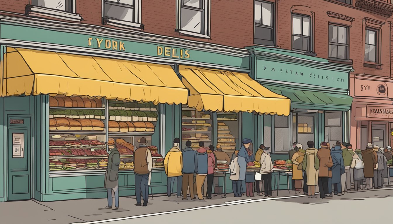 A bustling New York deli with stacks of pastrami, rye bread, and pickles, as customers line up for the iconic sandwich