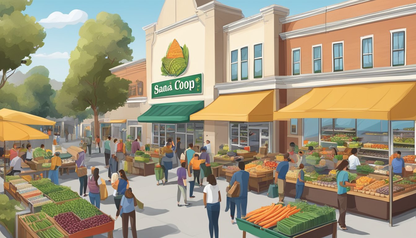 A bustling local food co-op in Santa Clara, CA, featuring vendors and educational events