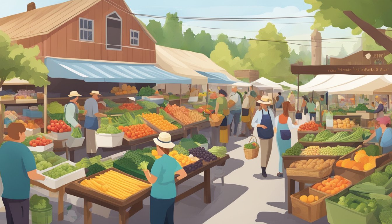 A bustling farmers' market with colorful produce stalls and a variety of locally-sourced goods. Customers chat with vendors and browse the selection of fresh, organic foods