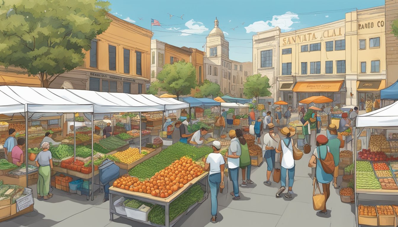 A bustling farmers' market with diverse vendors and customers browsing fresh produce, baked goods, and artisanal food products. The backdrop includes a sign promoting the "Santa Clara Local Food Co-op Guide."