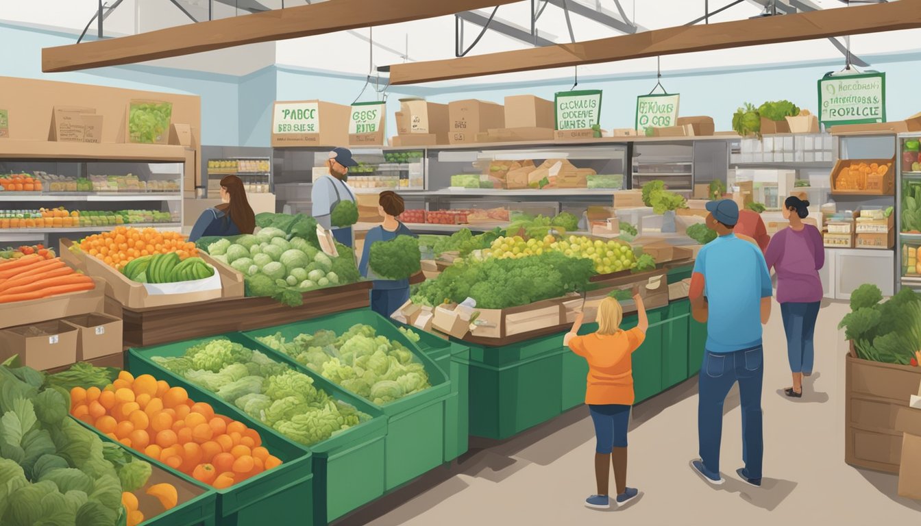 A bustling local food co-op with fresh produce, bulk bins, and eco-friendly products. Customers bring their own reusable bags and containers