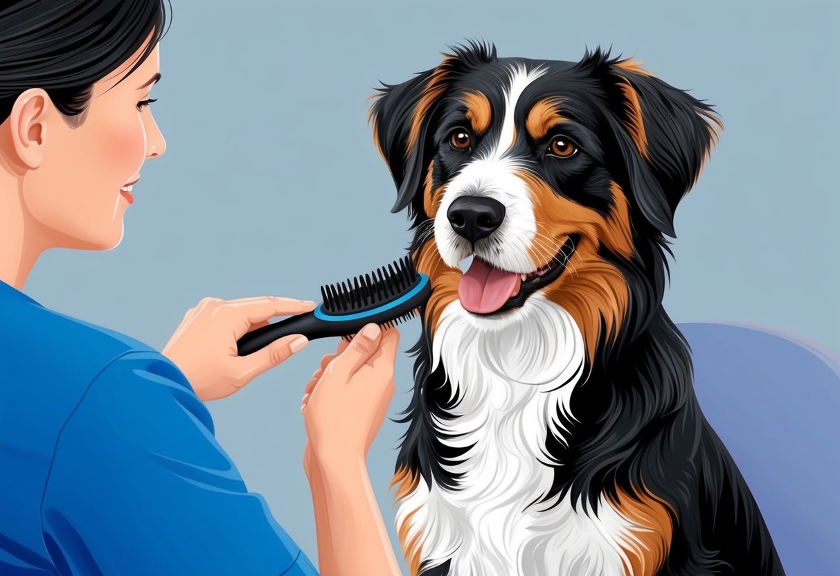 A Kromfohrlander dog being groomed with a brush and receiving care from its owner