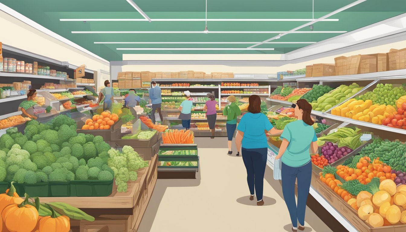 A bustling local food co-op in Clearwater, FL, with colorful produce, friendly staff, and customers browsing the aisles