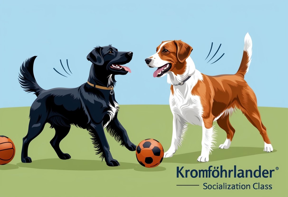 A Kromfohrlander dog engaging in training exercises with other dogs in a socialization class