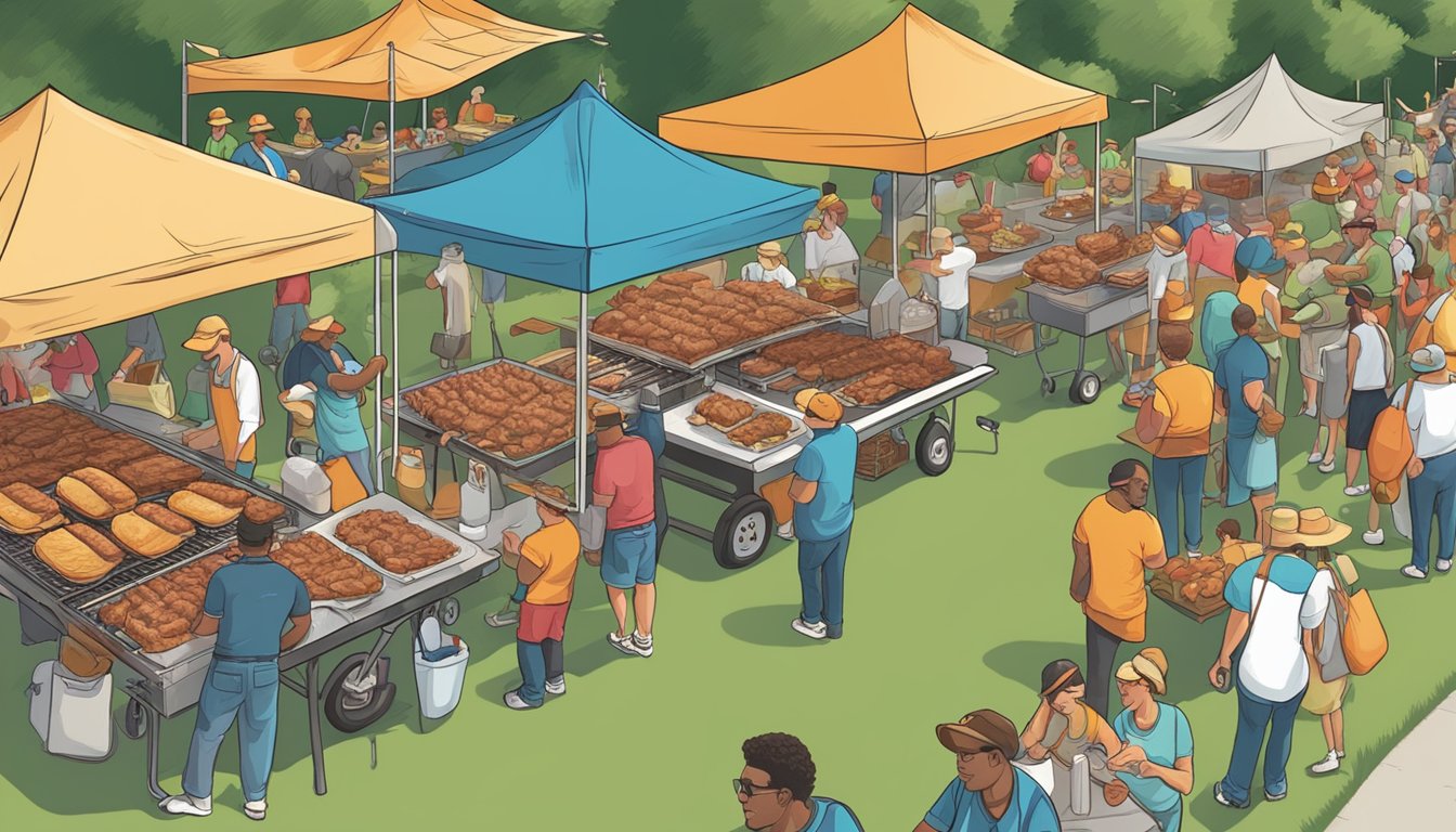 A bustling outdoor barbecue festival with vendors and visitors, showcasing various pulled pork BBQ sandwich creations in North Carolina