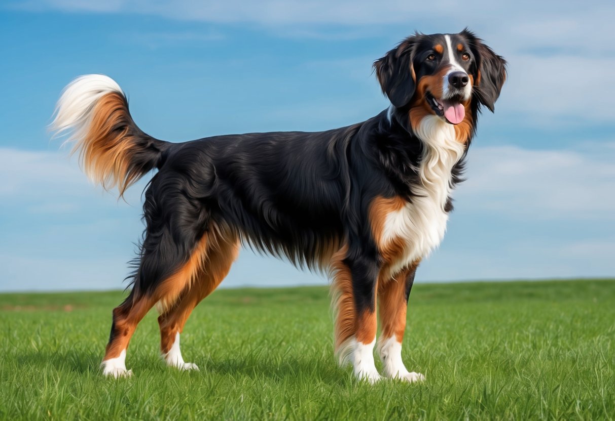 A Kromfohrlander dog standing tall, with a wavy coat and long ears, looking alert and friendly in a green field with a blue sky