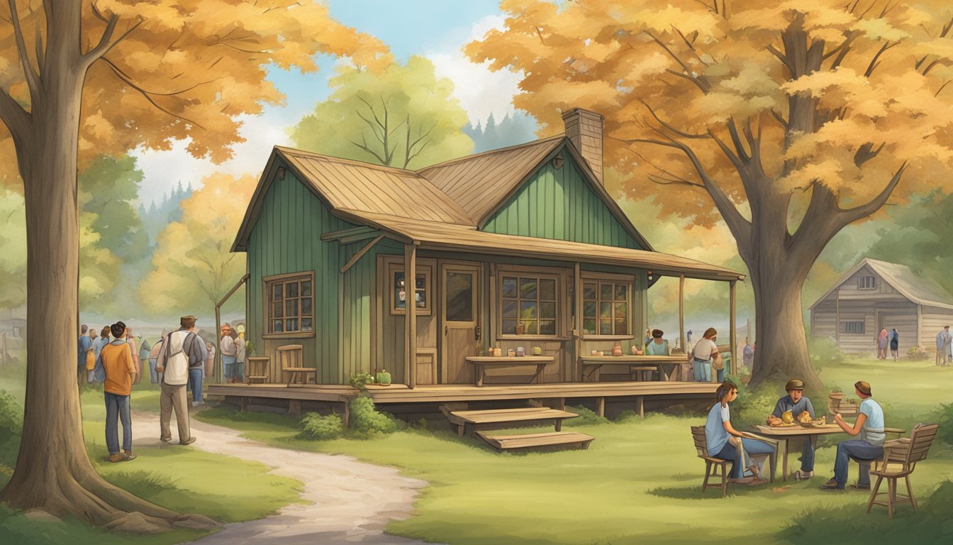 A rustic wooden shack nestled in a verdant maple grove, with a line of eager customers waiting for their creamy maple treats