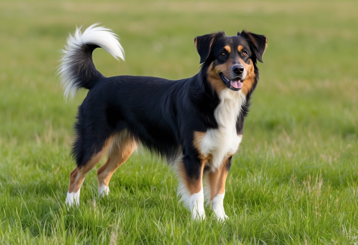 A Kromfohrlander dog standing in a grassy field, with its ears perked up and its tail wagging, looking alert and friendly