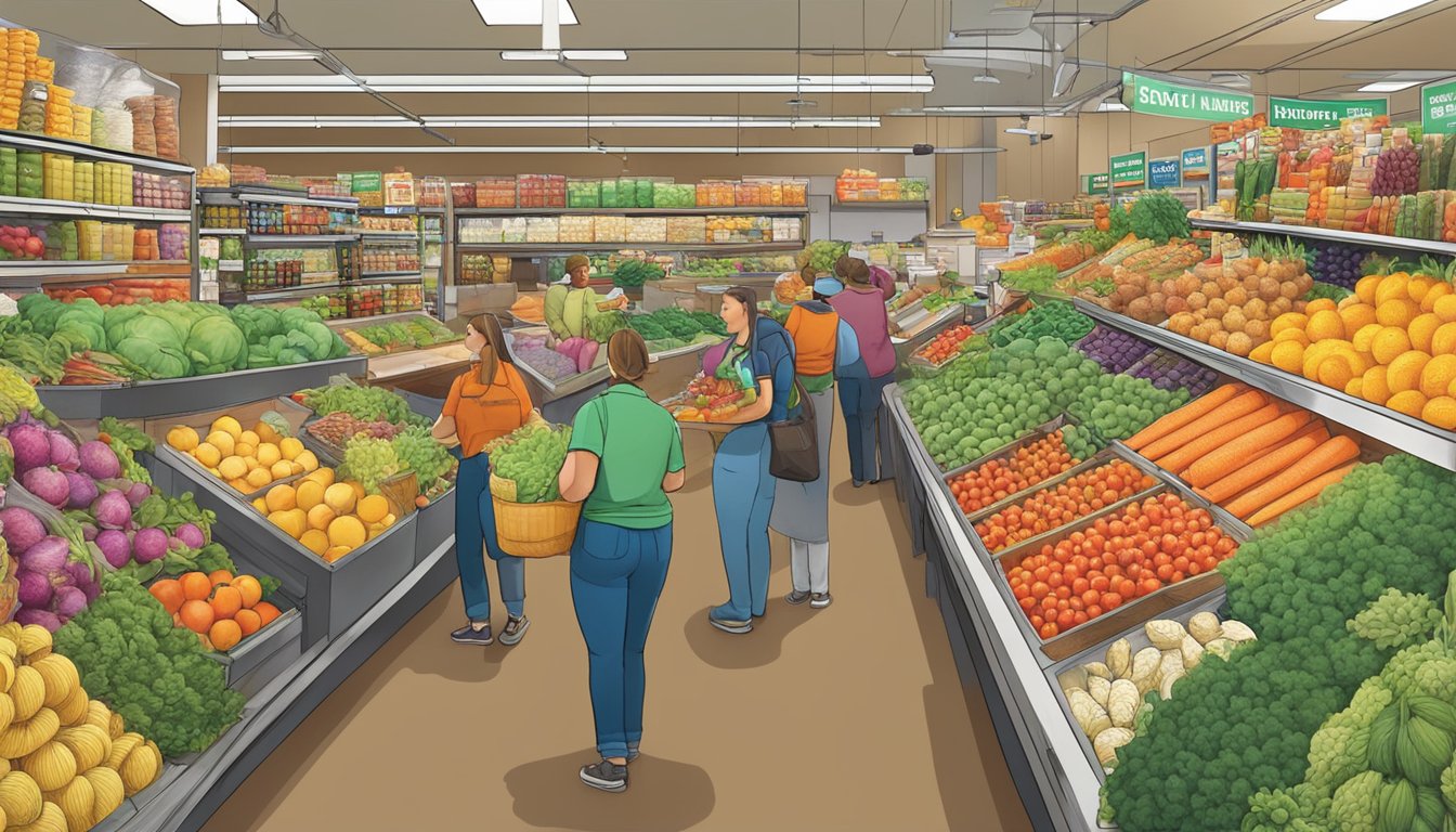 A bustling local food co-op in Topeka, Kansas, with colorful produce, friendly staff, and a diverse array of customers browsing the aisles