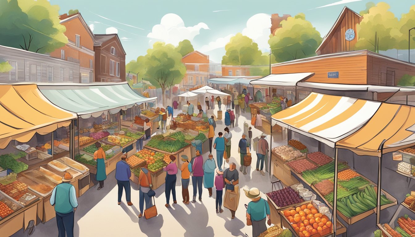 A bustling farmers' market with colorful stalls selling fresh produce, local meats, and homemade goods. Shoppers chat with vendors and sample delicious treats