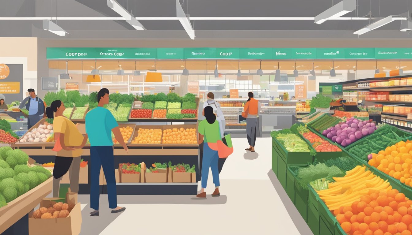 A bustling local food co-op in Cambridge, MA, with colorful produce, shelves stocked with goods, and customers browsing the aisles